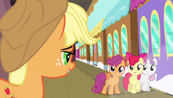 Size: 1280x720 | Tagged: dead source, safe, screencap, apple bloom, applejack, scootaloo, sweetie belle, earth pony, pegasus, pony, unicorn, g4, one bad apple, cutie mark crusaders, female, friendship express, lidded eyes, out of context, train