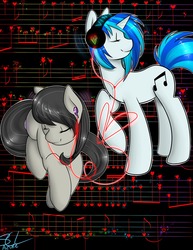 Size: 1280x1656 | Tagged: safe, artist:azure-doodle, dj pon-3, octavia melody, vinyl scratch, earth pony, pony, unicorn, g4, cute, earbuds, eyes closed, female, headphones, lesbian, listening, love, music, music notes, ship:scratchtavia, shipping, smiling