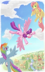 Size: 1000x1600 | Tagged: safe, artist:rigi, fluttershy, rainbow dash, twilight sparkle, alicorn, pony, g4, cloud, cloudy, female, flying, mare, pixiv, this will end in tears, this will not end well, twilight learns how to fly, twilight sparkle (alicorn)