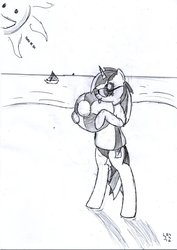 Size: 752x1063 | Tagged: safe, artist:bamthand, oc, oc only, oc:scribble tale, pony, unicorn, beach, beach ball, bikini, bipedal, clothes, glasses, shirt, solo, swimsuit, traditional art