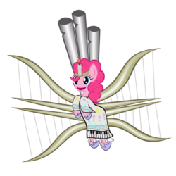 Size: 1000x1000 | Tagged: safe, artist:greywander87, pinkie pie, g4, bell, candle, clothes, female, harp, music notes, musical instrument, organ, piano, robe, simple background, solo, transparent background, vector, wings