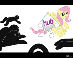 Size: 1050x840 | Tagged: safe, artist:pterosaurpony, fluttershy, human, pegasus, pony, g4, female, fight, hub logo, hubble, mare, the hub, x eyes