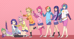 Size: 1600x853 | Tagged: safe, artist:ichan-desu, applejack, fluttershy, pinkie pie, princess celestia, rainbow dash, rarity, spike, twilight sparkle, human, g4, clothes, devil horn (gesture), fist pump, grin, humanized, k-on, light skin, line-up, looking at you, lying down, mane seven, mane six, miniskirt, one eye closed, open mouth, pale skin, skirt, smiling, socks, thigh highs, thigh socks, waving, wink, winking at you