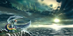 Size: 1600x800 | Tagged: safe, artist:pyrestorm, rainbow dash, g4, cliff, female, rain, solo