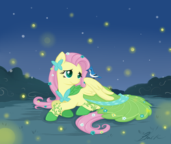 Size: 948x800 | Tagged: safe, artist:caycowa, fluttershy, bird, firefly (insect), g4, clothes, dignified wear, dress, female, gala dress, solo
