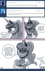 Size: 550x853 | Tagged: safe, artist:johnjoseco, derpy hooves, princess luna, alicorn, pony, ask princess molestia, gamer luna, g4, blushing, comic, cute, high ponytail, jaws, long hair, lunabetes, muffin, ponytail, that pony sure does love muffins