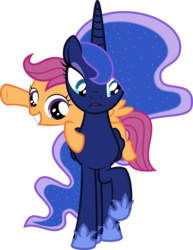 Size: 4007x5190 | Tagged: safe, artist:abydos91, princess luna, scootaloo, g4, absurd resolution, carrying, ponies riding ponies, riding, scootaloo riding luna, simple background, transparent background, vector