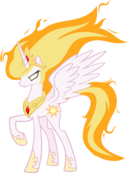 Size: 3658x4920 | Tagged: safe, artist:abydos91, princess celestia, alicorn, pony, g4, artifact, blank eyes, crown, evil, female, glowing eyes, hoof shoes, jewelry, lunaverse, mane of fire, mare, peytral, prime celestia, raised hoof, regalia, simple background, solo, transparent background, vector, white eyes