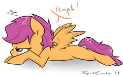 Size: 714x448 | Tagged: dead source, safe, artist:spiritcookie, scootaloo, pegasus, pony, g4, female, filly, foal, grumpaloo, grumpy, lying down, prone, solo, squint