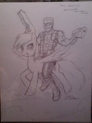 Size: 900x1200 | Tagged: safe, artist:johnjoseco, rainbow dash, human, pegasus, pony, g4, crossover, duke nukem, female, male