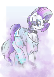 Size: 400x565 | Tagged: safe, artist:dovne, rarity, pony, unicorn, g4, choker, clothes, earring, fashion, female, horn, horn ring, looking at you, mare, pastel goth, piercing, shirt, smiling, soft grunge, solo, stockings
