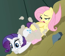 Size: 913x790 | Tagged: safe, screencap, fluttershy, rarity, pony, unicorn, dragonshy, g4, season 1, cropped, duo, dust cloud, female, mare, out of context, sliding