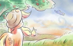 Size: 3280x2080 | Tagged: safe, artist:viwrastupr, applejack, rainbow dash, earth pony, pegasus, pony, g4, female, flying, hat, mare, scenery, sweet apple acres