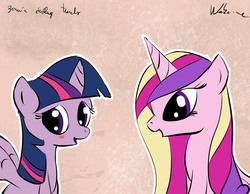 Size: 3712x2880 | Tagged: safe, artist:neko-me, princess cadance, twilight sparkle, alicorn, pony, g4, bedroom eyes, blushing, female, looking away, mare, open mouth, shy, smiling, spread wings, twilight sparkle (alicorn)