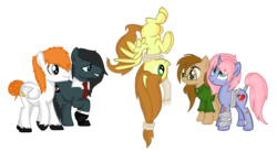 Size: 1024x567 | Tagged: artist needed, safe, oc, oc only, oc:collision crash, oc:flash fire, oc:jackie trade, oc:russ eaves, oc:timid dreamer, bandage, clothes, cuffs, glasses, necktie, scarf, unshorn fetlocks