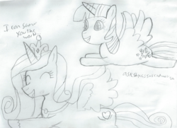 Size: 2187x1587 | Tagged: safe, artist:2shyshy, princess cadance, twilight sparkle, alicorn, pony, g4, 30 minute art challenge, a whole new world, aladdin, female, mare, monochrome, pencil drawing, song reference, traditional art, twilight sparkle (alicorn)