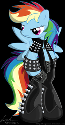 Size: 876x1668 | Tagged: safe, artist:flutterthrash, rainbow dash, pegasus, pony, semi-anthro, g4, arm hooves, belt, bipedal, black background, boots, chains, clothes, fashion, female, heavy metal, jacket, jewelry, leather, leather boots, leather jacket, mare, metal, necklace, shoes, signature, simple background, solo, spiked wristband, spikes, wristband