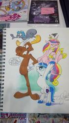 Size: 1024x1816 | Tagged: safe, artist:andypriceart, princess cadance, shining armor, alicorn, moose, pony, squirrel, unicorn, g4, andy you magnificent bastard, bullwinkle, cadance is not amused, crossover, epic wife tossing, fastball special, rocky and bullwinkle, rocky the flying squirrel, traditional art, unamused