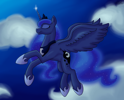 Size: 1212x975 | Tagged: safe, artist:touhouclampfan320, princess luna, alicorn, pony, g4, cloud, eyes closed, female, flying, mare, profile, sky, smiling, solo