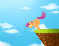 Size: 1090x850 | Tagged: safe, artist:wolf-spirit99, scootaloo, pegasus, pony, g4, blank flank, cliff, cloud, female, filly, grass, sky, solo