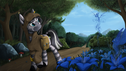 Size: 2560x1440 | Tagged: safe, artist:yakovlev-vad, oc, oc only, zebra, cloak, clothes, flower, forest, mountain, poison joke, saddle bag, solo, spirit, tree