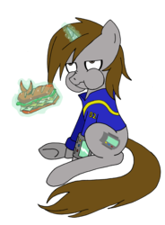 Size: 6866x9349 | Tagged: safe, artist:theblackemperor, oc, oc only, oc:littlepip, pony, unicorn, fallout equestria, absurd resolution, aqua teen hunger force, broodwich, clothes, crossover, eating, fanfic, fanfic art, female, glowing horn, hooves, horn, jumpsuit, levitation, magic, mare, pipbuck, scrunchy face, simple background, sitting, solo, telekinesis, this will end in death, this will not end well, transparent background, vault suit