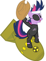 Size: 772x1034 | Tagged: artist needed, safe, twilight sparkle, pony, unicorn, g4, catsuit, cowboy hat, dr. strangelove, eyepatch, female, future twilight, hat, nuclear weapon, riding a bomb, simple background, solo, transparent background, unicorn twilight