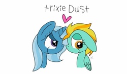 Size: 1024x600 | Tagged: safe, artist:colorfulwonders, lightning dust, trixie, g4, female, heart, lesbian, shipping, trixiedust