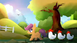 Size: 1920x1080 | Tagged: safe, artist:kty159, scootaloo, chicken, pegasus, pony, g4, cloud, fence, follow the leader, grass, scootachicken, tree, wallpaper