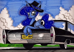 Size: 1476x1037 | Tagged: safe, artist:newyorkx3, princess luna, g4, car, female, hat, prone, solo, traditional art