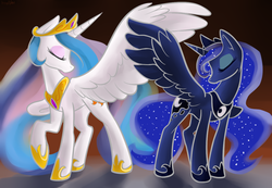 Size: 1300x900 | Tagged: safe, artist:rhythmcrown, princess celestia, princess luna, alicorn, pony, g4, contrast, duo, duo female, female, mare, royal sisters, siblings, sisters, spread wings, wings