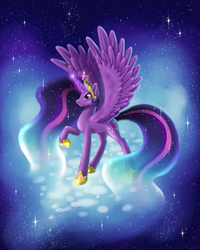 Size: 1000x1250 | Tagged: safe, artist:willow141, twilight sparkle, alicorn, pony, g4, big crown thingy, element of magic, ethereal mane, female, mare, older, solo, space, spread wings, twilight sparkle (alicorn), ultimate twilight, wings