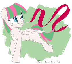 Size: 690x616 | Tagged: safe, artist:spiritcookie, blossomforth, g4, female, filly, filly blossomforth, mouth hold, ribbon, solo