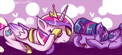 Size: 710x324 | Tagged: safe, artist:hua, princess cadance, twilight sparkle, alicorn, pony, g4, cute, duo, eyes closed, female, heart, lying down, mare, prone, sisters-in-law, sunshine sunshine, twilight sparkle (alicorn)
