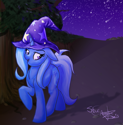 Size: 1000x1013 | Tagged: safe, artist:starichampion, trixie, pony, unicorn, g4, clothes, female, hat, mare, night, night sky, open mouth, raised hoof, shadow, signature, sky, smiling, solo, tree, trixie's hat