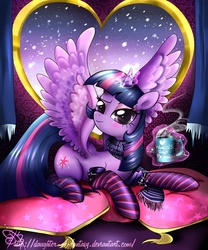 Size: 1000x1200 | Tagged: safe, artist:daughter-of-fantasy, twilight sparkle, alicorn, pony, g4, best princess, clothes, coffee mug, female, heart shaped, magic, mare, mug, pillow, scarf, snow, snowfall, socks, solo, striped socks, twilight sparkle (alicorn)