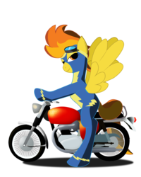Size: 900x1125 | Tagged: safe, artist:aaronmk, spitfire, pegasus, pony, g4, female, mare, motorcycle, riding, simple background, solo, spitfire bsa, spread wings, transparent background, wings, wonderbolts uniform
