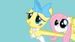 Size: 1244x700 | Tagged: safe, fluttershy, mitsy, cat, pegasus, pony, g4, cyan background, face swap, female, kitten, mare, puddy tat, simple background, tongue out, wat