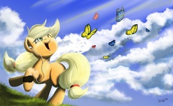 Size: 1024x632 | Tagged: safe, artist:springstrings, applejack, butterfly, g4, earbuds, ipod