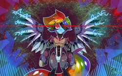 Size: 3000x1875 | Tagged: dead source, safe, artist:kaliptro, rainbow dash, cyborg, pegasus, pony, g4, abstract background, amputee, augmented, bipedal, crossover, electricity, eyepatch, female, glowing eyes, konami, looking at you, mare, metal gear, metal gear rising, prosthetic limb, prosthetic wing, prosthetics, raiden, science fiction, slit pupils, solo, spread wings, wide eyes