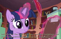 Size: 1225x788 | Tagged: safe, twilight sparkle, pony, g4, bookshelf, clipboard, female, glowing horn, horn, insane pony thread, magic, mare, quill, smiling, solo, telekinesis, text