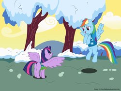 Size: 1024x768 | Tagged: safe, artist:brony-in-the-shadows, rainbow dash, twilight sparkle, alicorn, pegasus, pony, g4, winter wrap up, clothes, duo, female, flying, mare, snow, spread wings, twilight sparkle (alicorn), vest, weather team, wings, winter, winter wrap up vest