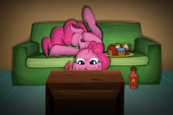 Size: 1000x663 | Tagged: dead source, safe, artist:xioade, pinkie pie, earth pony, pony, g4, bored, bottle, couch, cupcake, female, hot sauce, remote, remote control, solo, television, upside down