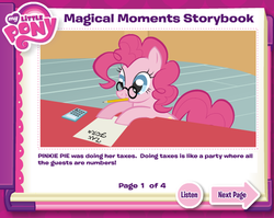 Size: 500x398 | Tagged: safe, artist:ponyholic, pinkie pie, earth pony, pony, g4, glasses, horse taxes, magical moments storybook, mouth hold, pencil, taxes, that pony sure does love taxes