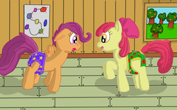 Size: 2336x1456 | Tagged: safe, artist:hooligan, apple bloom, scootaloo, earth pony, pegasus, pony, g4, blushing, diaper, diaper fetish, female, looking at each other, looking at someone, non-baby in diaper