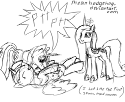 Size: 1280x1040 | Tagged: safe, artist:meanhedgehog, princess cadance, shining armor, twilight sparkle, alicorn, pony, g4, 30 minute art challenge, female, mare, onomatopoeia, raspberry, raspberry noise, sibling tickling, tickling, tummy buzz, twilight sparkle (alicorn)