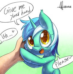 Size: 2545x2610 | Tagged: safe, artist:jggjqm522, lyra heartstrings, human, pony, unicorn, g4, cute, dialogue, female, fourth wall, hand, hand fetish, human fetish, humie, lyrabetes, open mouth, sparkles, sweat, that pony sure does love hands