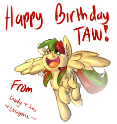 Size: 2411x2550 | Tagged: safe, artist:leadhooves, oc, oc only, oc:blowsy wings, pegasus, pony, birthday, female, happy, happy birthday, heterochromia, mare, open mouth, simple background, solo, spread wings, taw, white background, wings