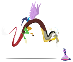 Size: 2487x2121 | Tagged: safe, artist:grievousfan, discord, twilight sparkle, draconequus, pony, unicorn, g4, duo, duo male and female, eye contact, female, four wings, frown, glare, grin, high res, looking at each other, male, mare, mismatched wings, multiple wings, simple background, sitting, smiling, spread wings, transparent background, twilight sparkle is not amused, unamused, unicorn twilight, wings