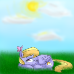 Size: 512x512 | Tagged: safe, artist:nilathehedgefox, cloud kicker, butterfly, g4, day, lying down, lying on the ground, one eye closed, one eye open, prone, solo, sun